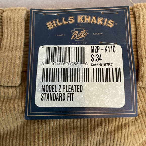Bills Khakis Corduroy Pants Mens 34 Classic Fit Pleated Brown Tan Unhemmed New - Picture 10 of 16